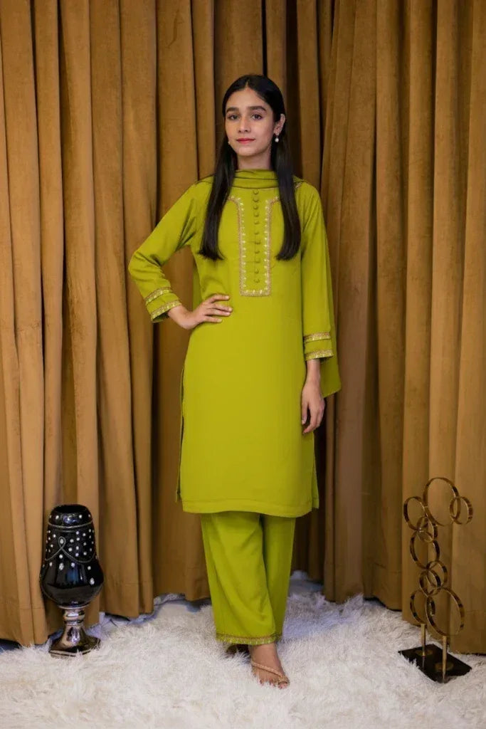 Lime Green Georgette 3 Piece Suit (Teens) - Shade For Teen