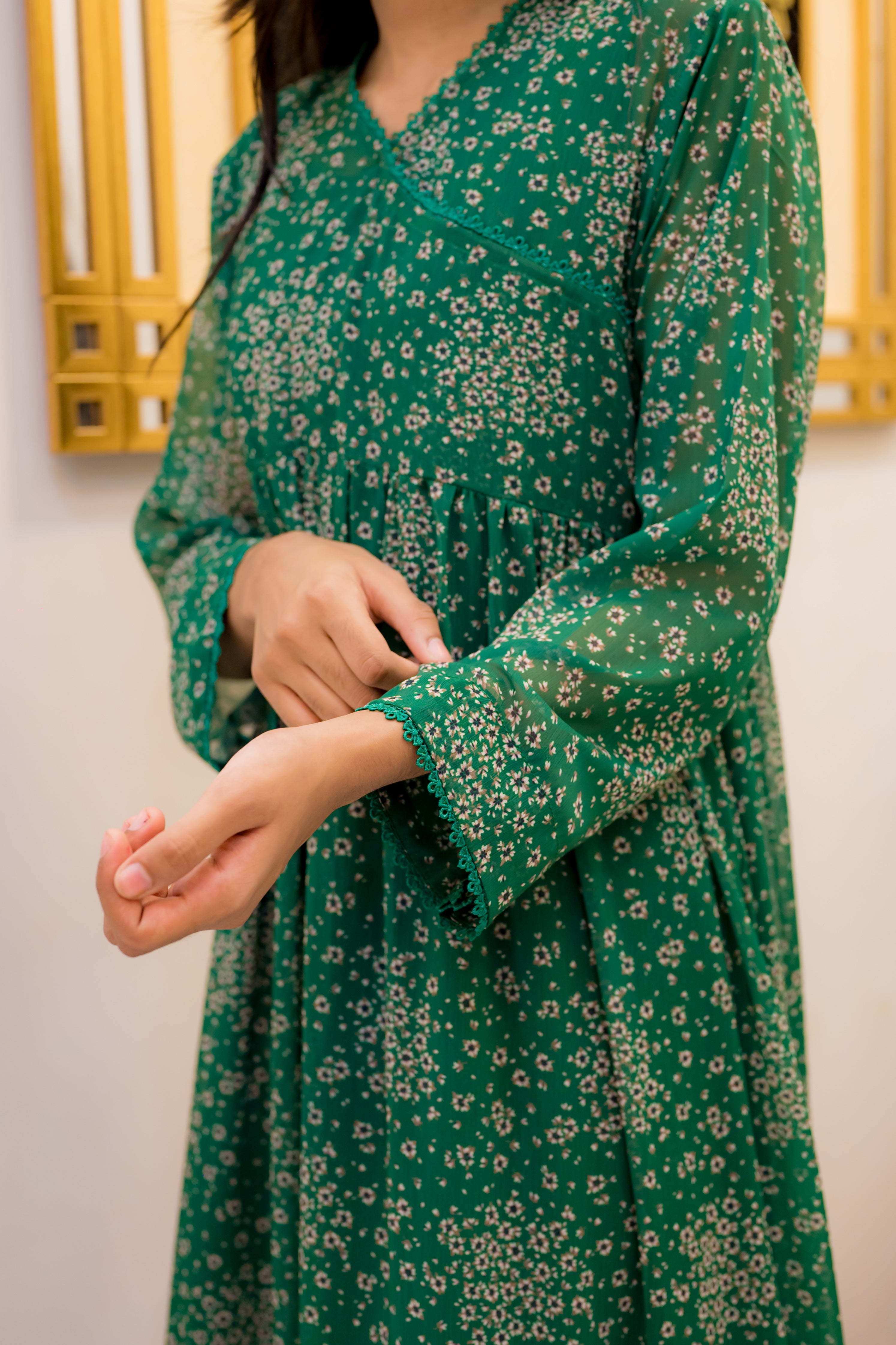 Emerald Bloom Chiffon 2 Piece Frock