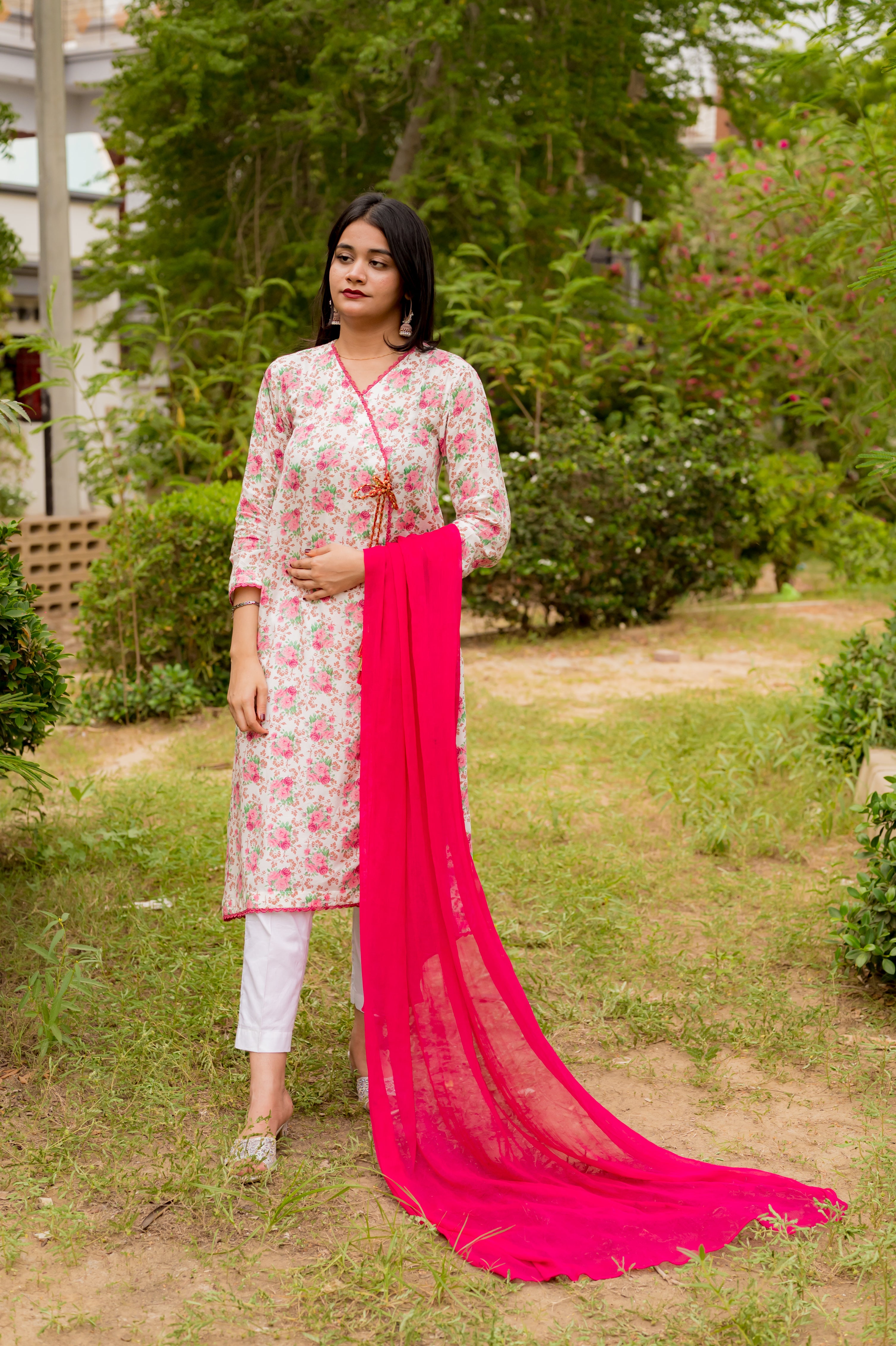 Cotton Crape Floral Angrakha Style 1 Piece Shirt