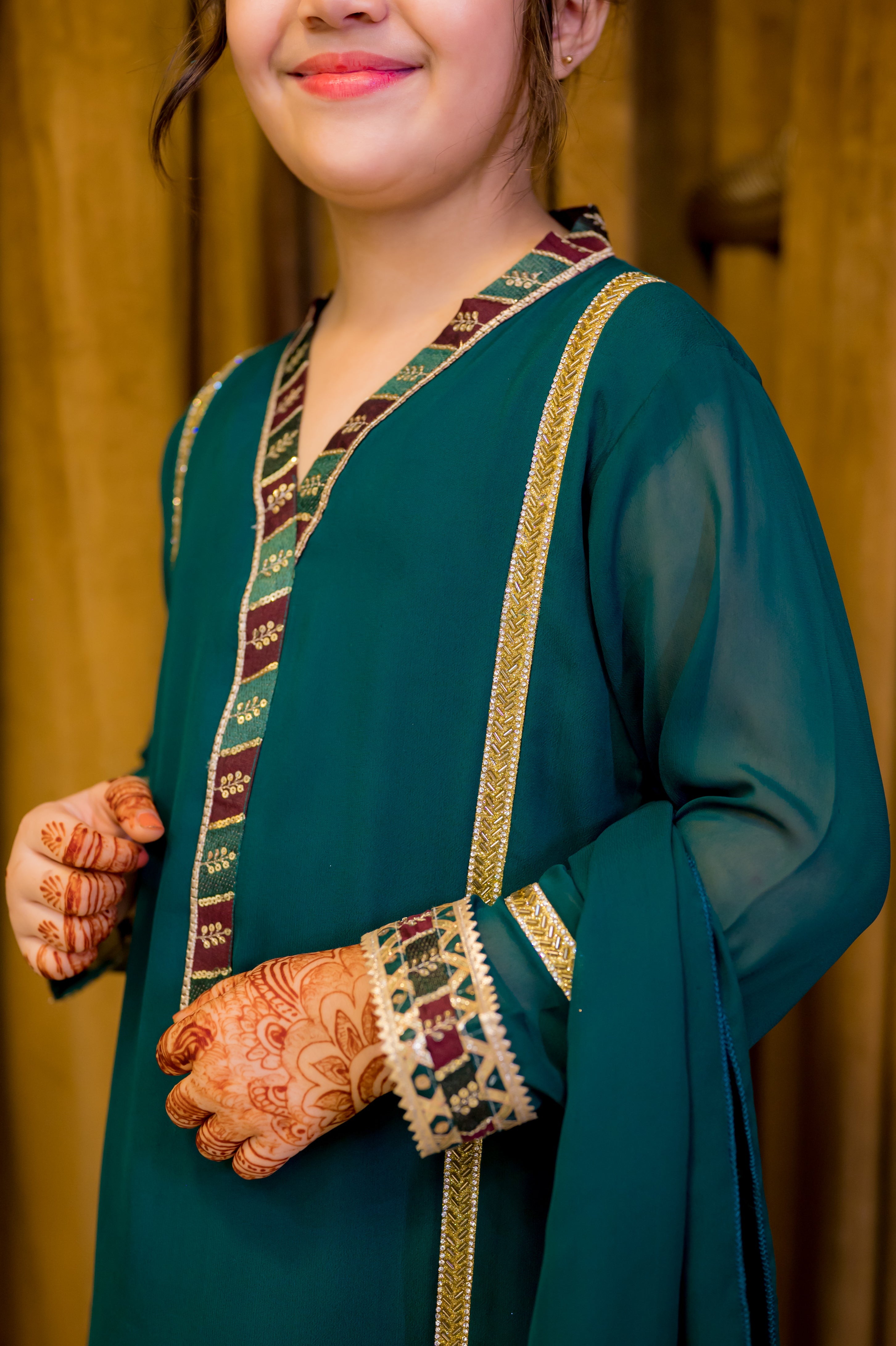 Bottle Green 3 Piece Georgette Suit