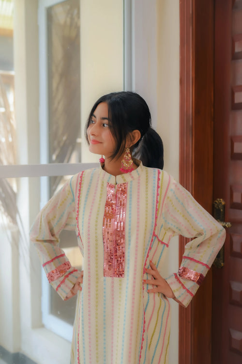 Blush Radiance Striped Kurta 2 Piece Suit - Shade For Teen 