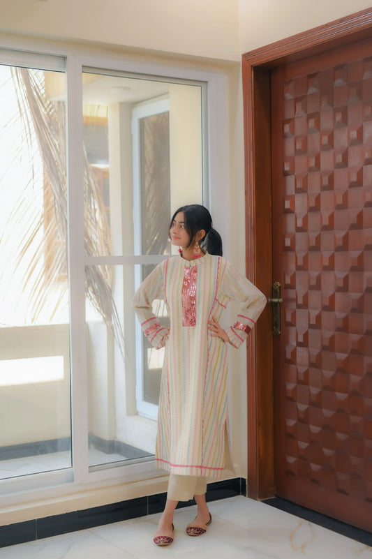 Blush Radiance Striped Kurta 2 Piece Suit - Shade For Teen 