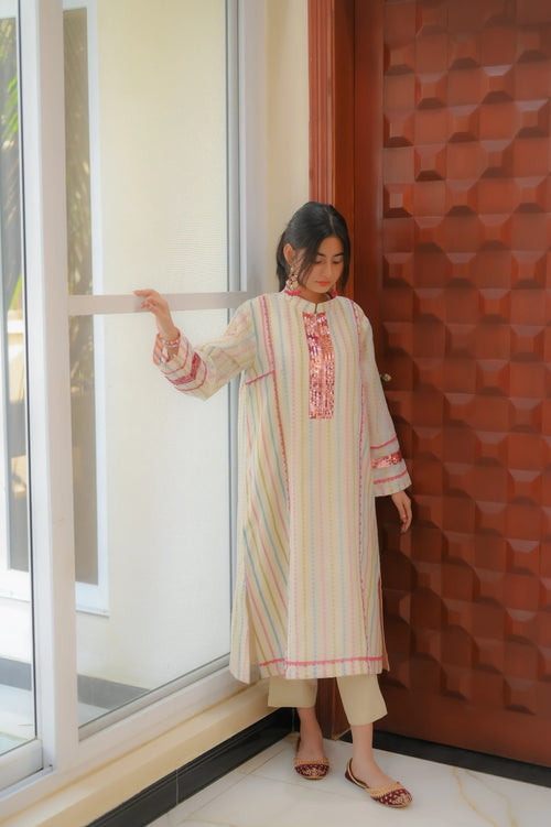 Blush Radiance Striped Kurta 2 Piece Suit - Shade For Teen 