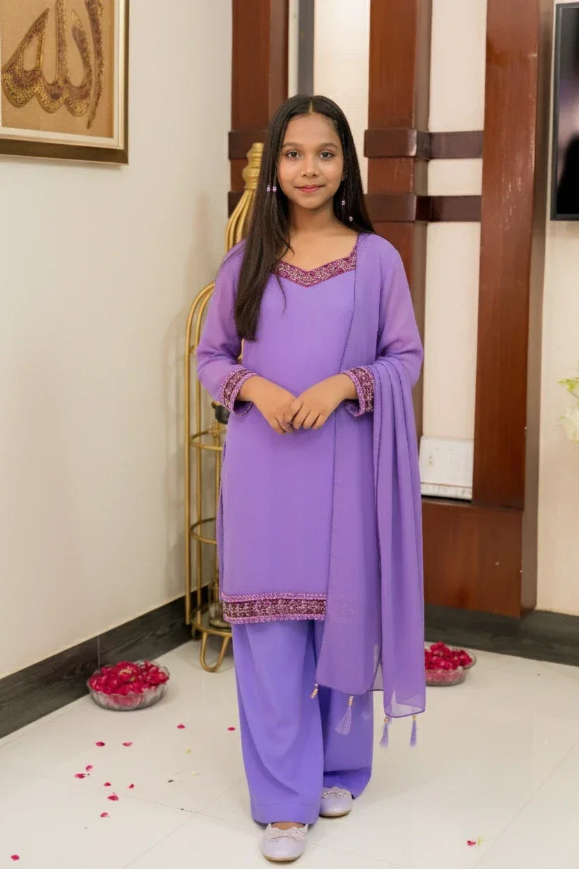 Lavender Embellished Georgette Suit - Shade For Teen 