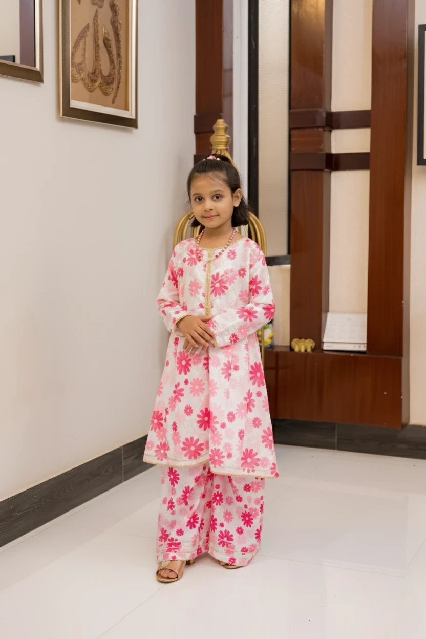 White Base With Pink Floral 2 Piece Cotton Silk