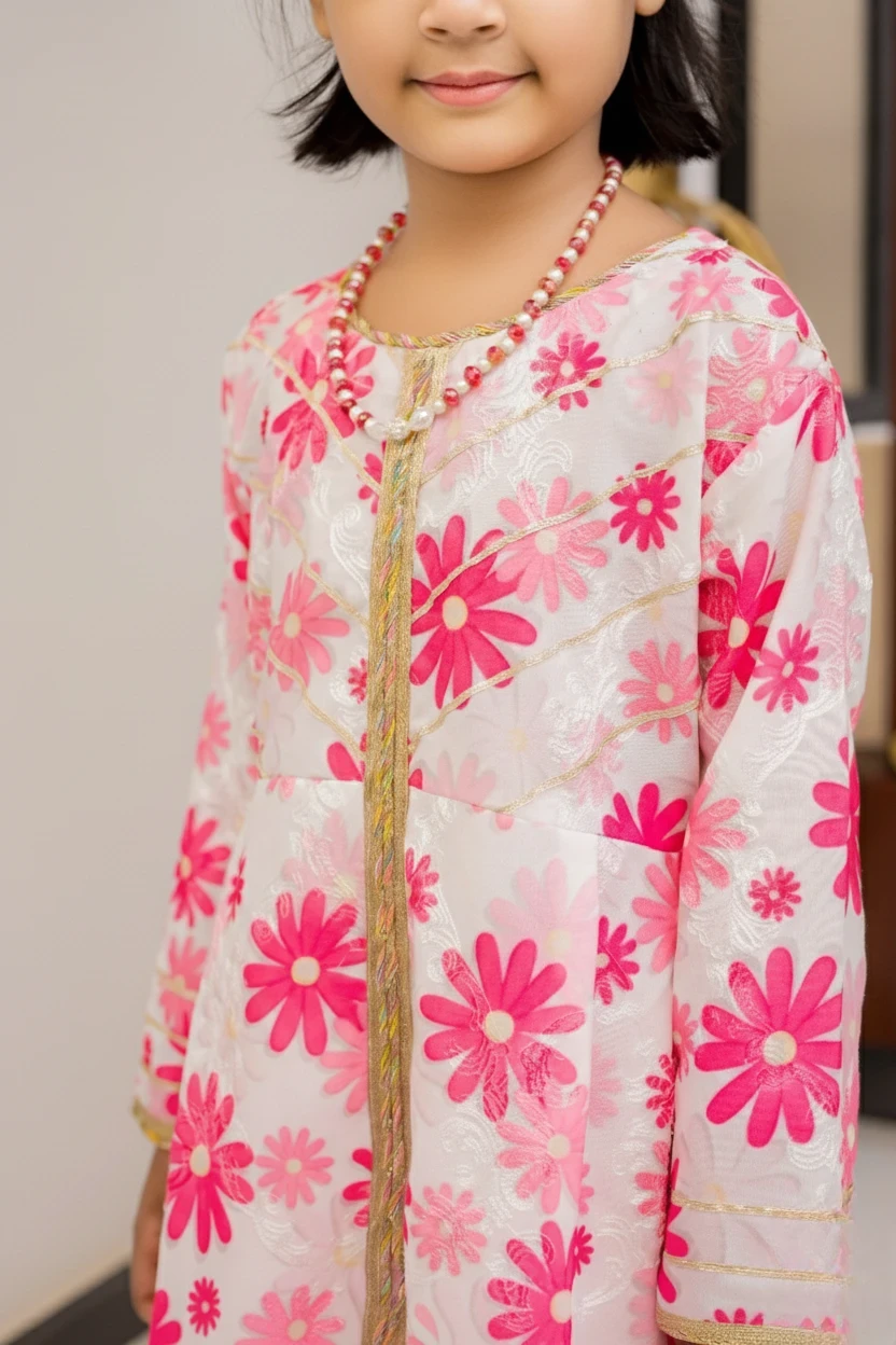 White Base With Pink Floral 2 Piece Cotton Silk