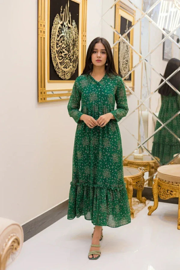 Emerald Bloom Chiffon 2 Piece Frock