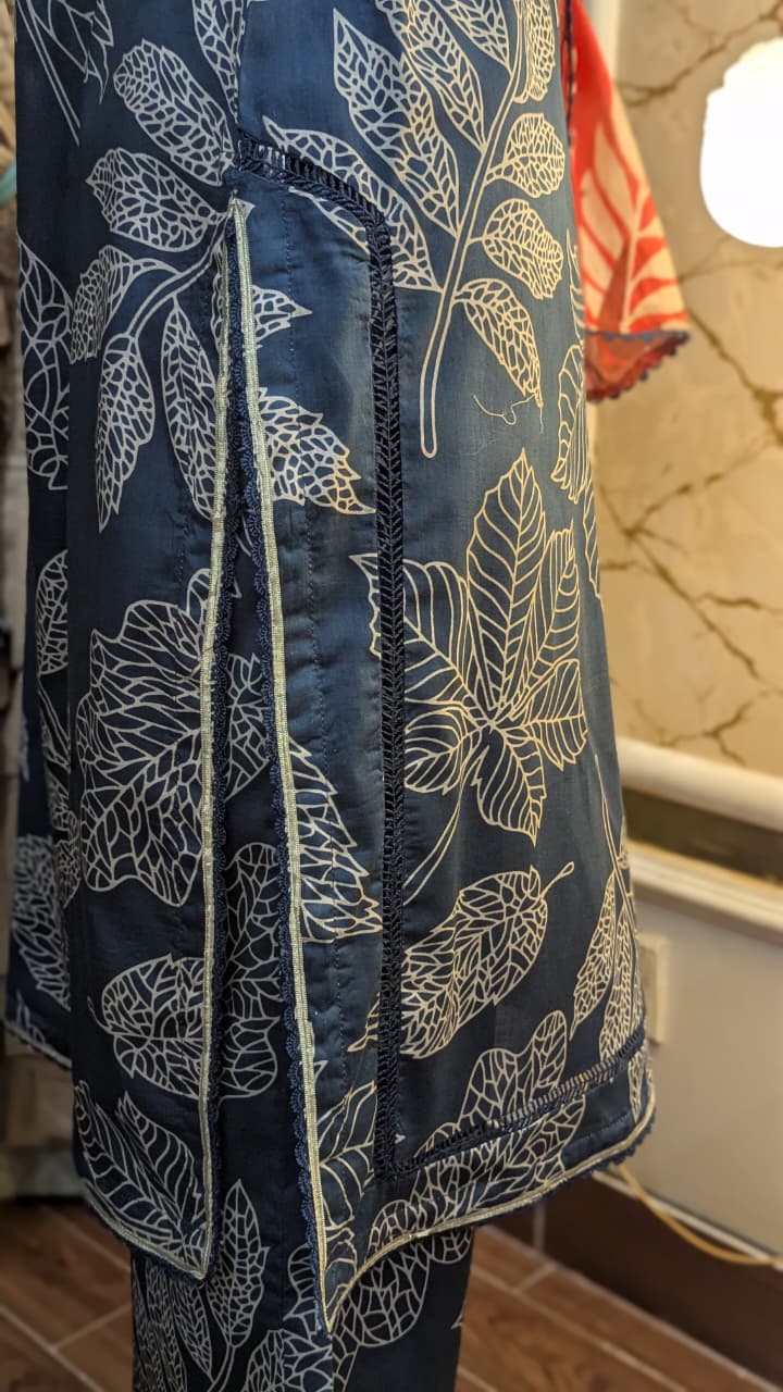 Midnight Blue Leaf Print 3 Piece Lawn