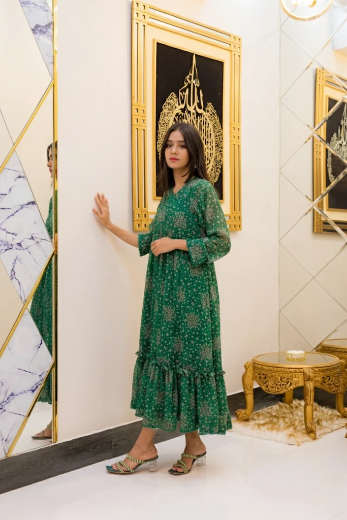 Emerald Bloom Chiffon 2 Piece Frock