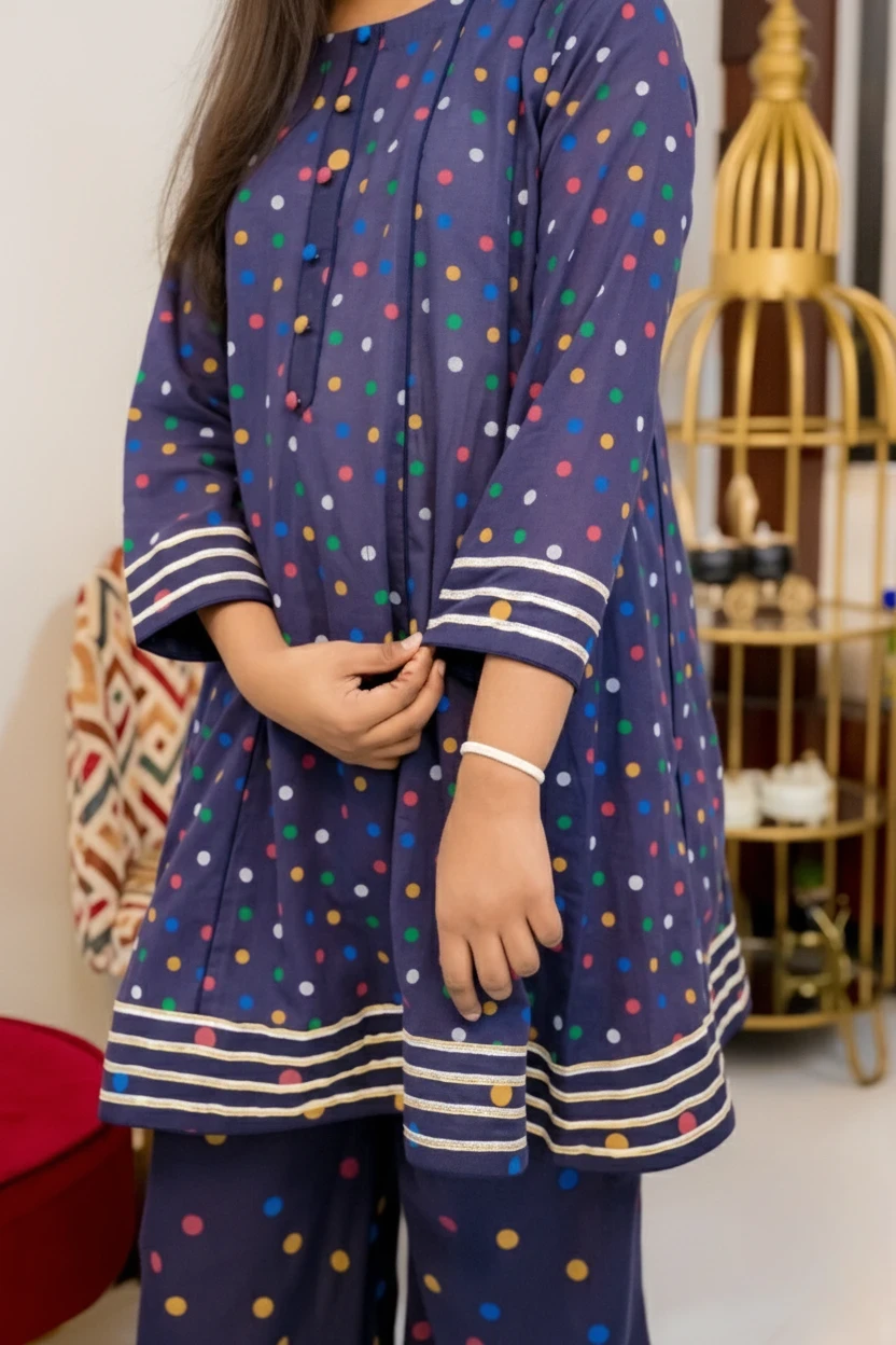 Indigo with Multi Color Polka Dot 3 Piece Lawn