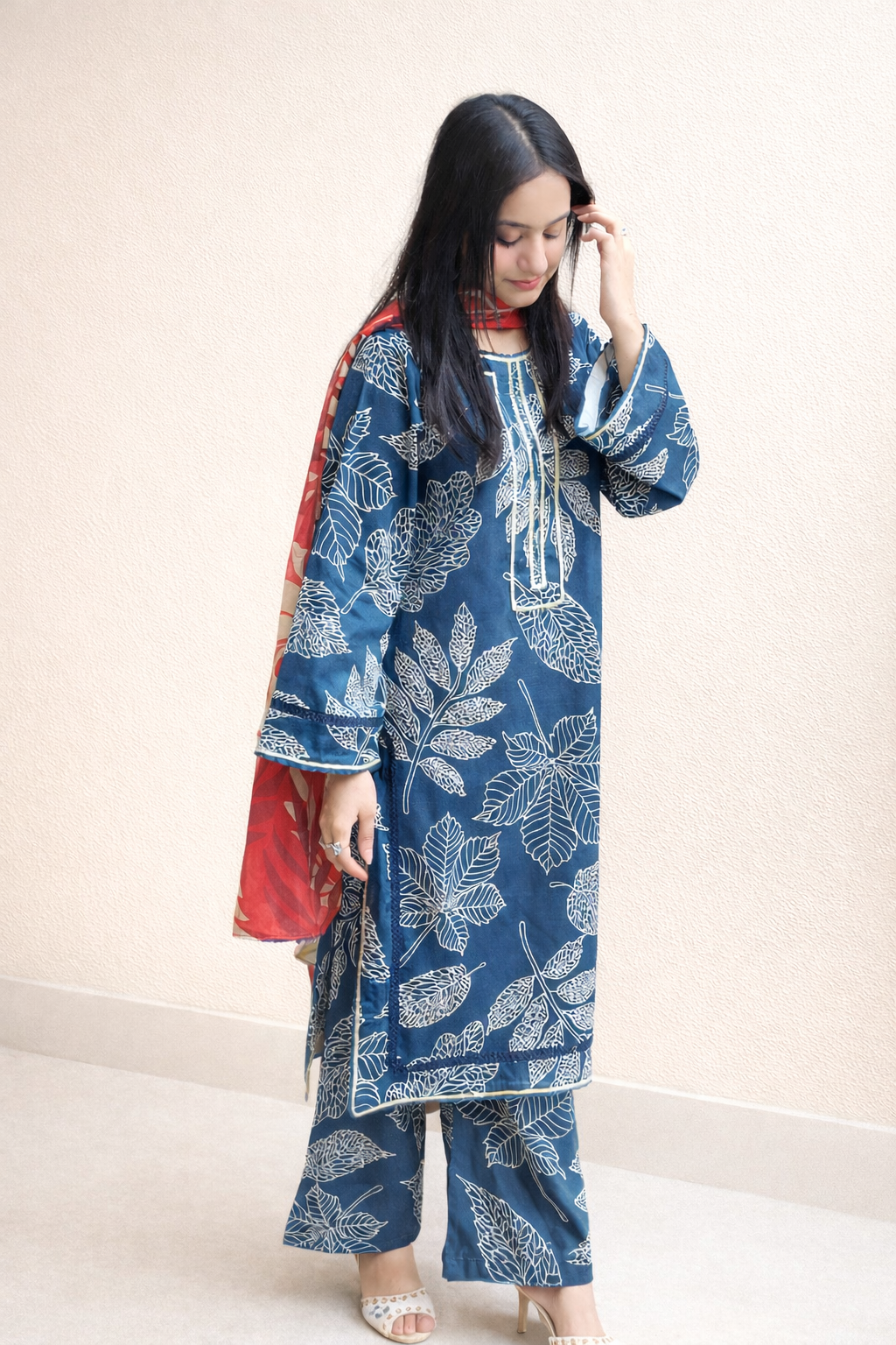 Midnight Blue Leaf Print 3 Piece Lawn