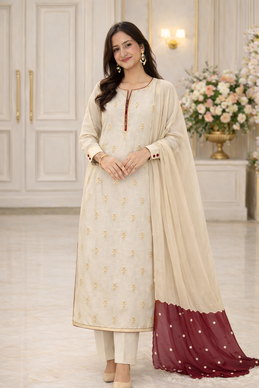 Elegant Ivory Suit with Dual-Tone Dupatta