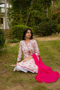 Cotton Crape Floral Angrakha Style 3 Piece Shirt