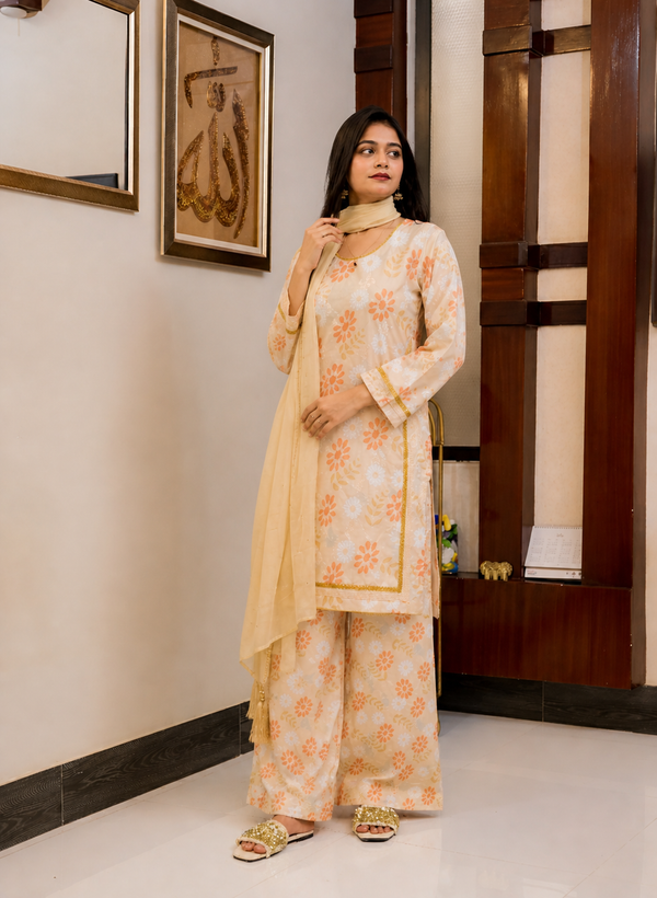 Cream Base Floral Cotton Silk