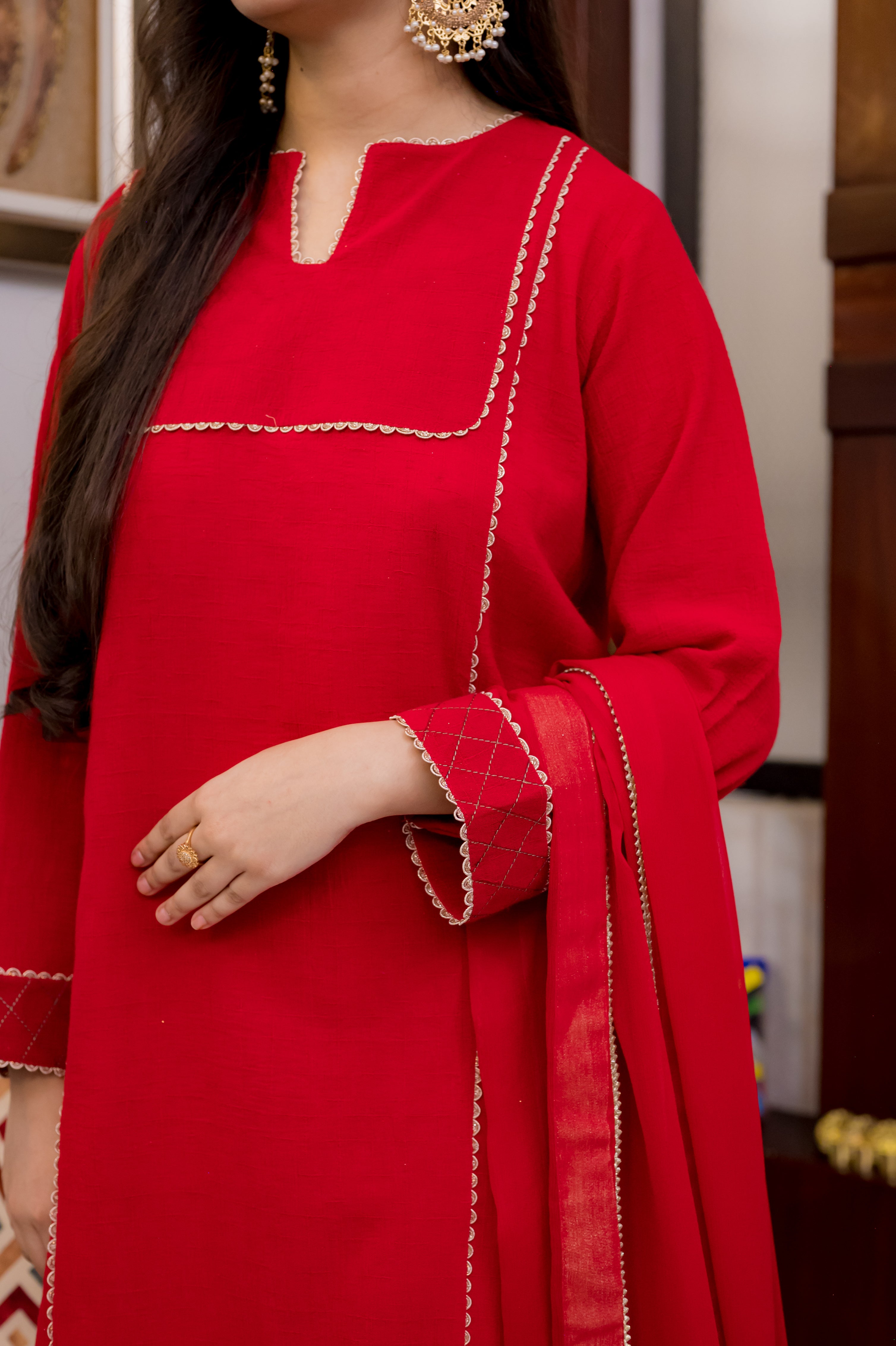 Traditional Red Cotton Crush 2 Piece Suit