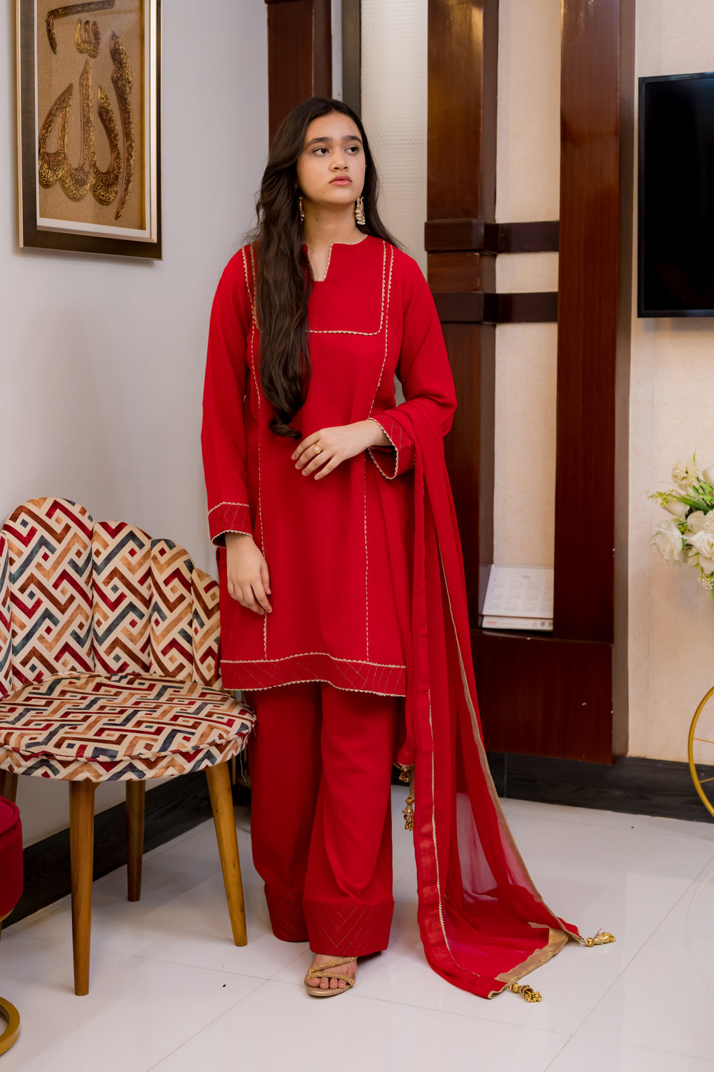 Traditional Red Cotton Crush 3 Piece Suit