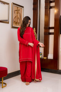 Traditional Red Cotton Crush 3 Piece Suit
