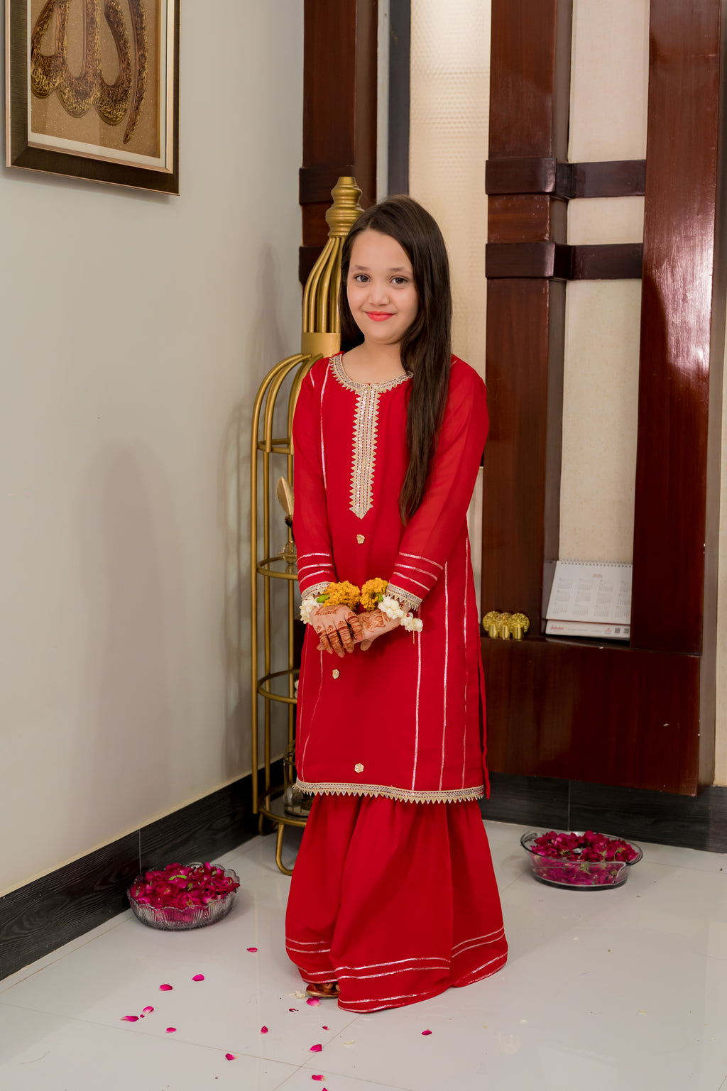 Red Georgette 3 Piece Suit With Gharara
