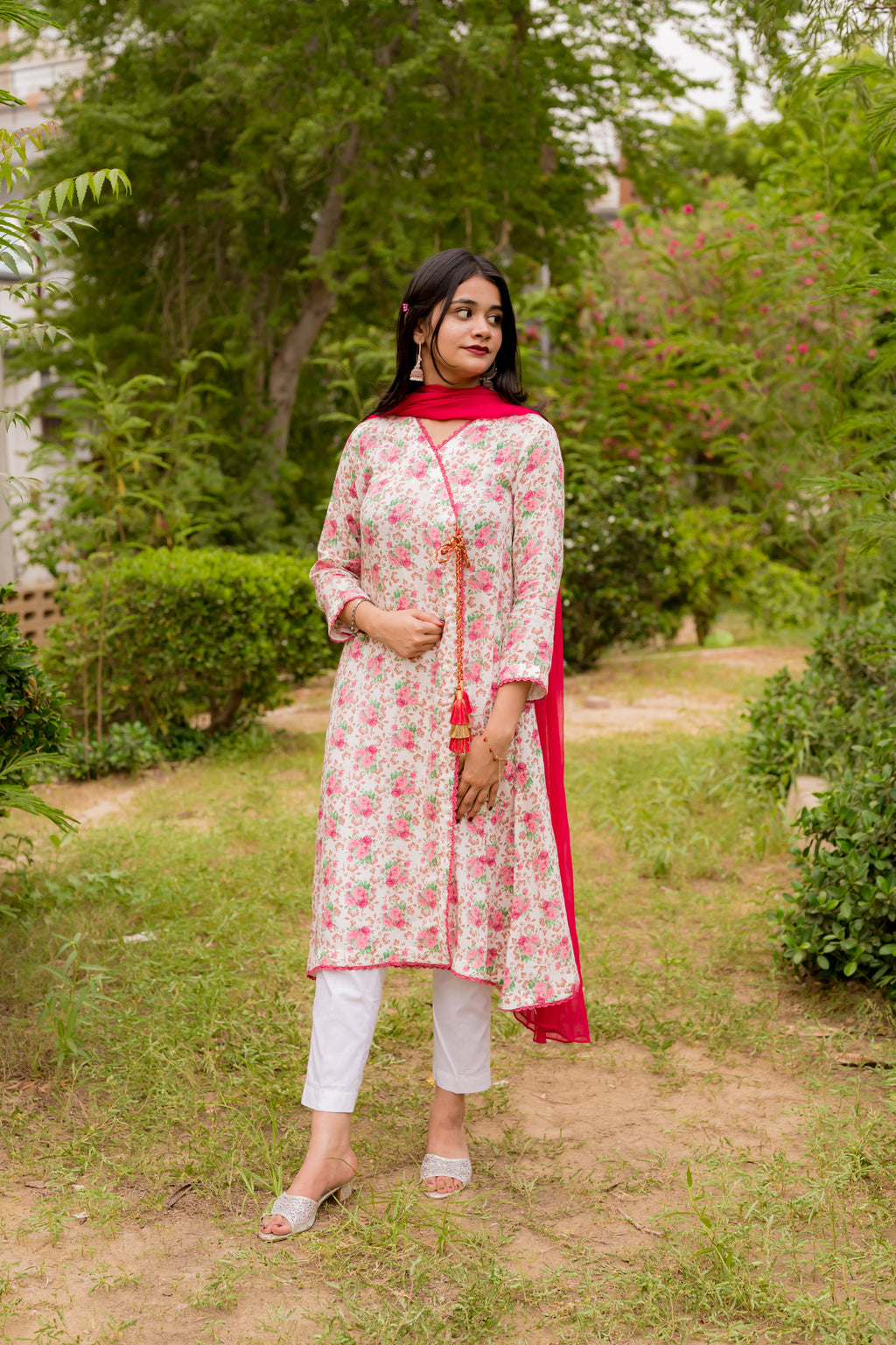 Cotton Crape Floral Angrakha Style 1 Piece Shirt