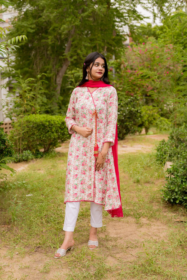 Cotton Crape Floral Angrakha Style 3 Piece Shirt