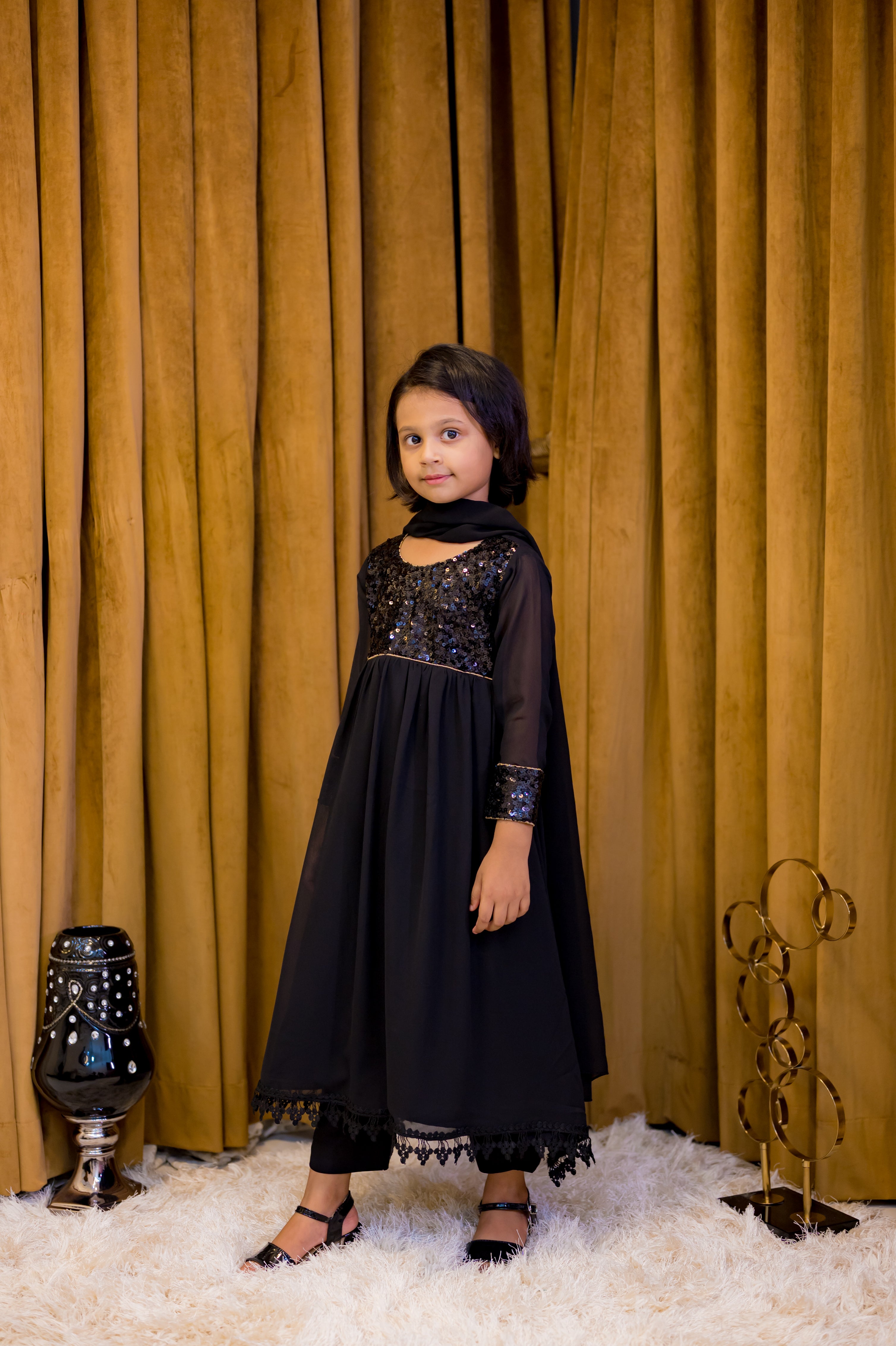 Black Georgette Frock With Sequence Work 3 Piece Suit