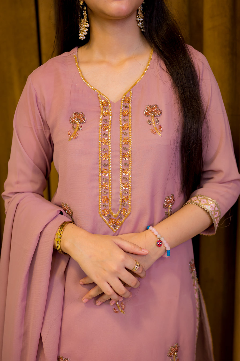 Embroided Tea Pink Georgette 3 Piece Suit