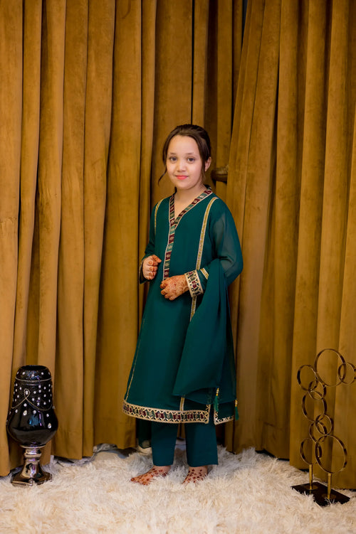 Bottle Green Georgette Suit - Shade For Teen 