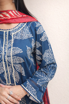 Midnight Blue Leaf Print 3 Piece Lawn