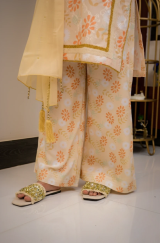 Cream Base With Mustard Floral 2 Piece Cotton Silk