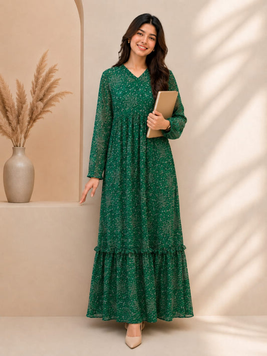 Emerald Bloom Chiffon 2 Piece Frock